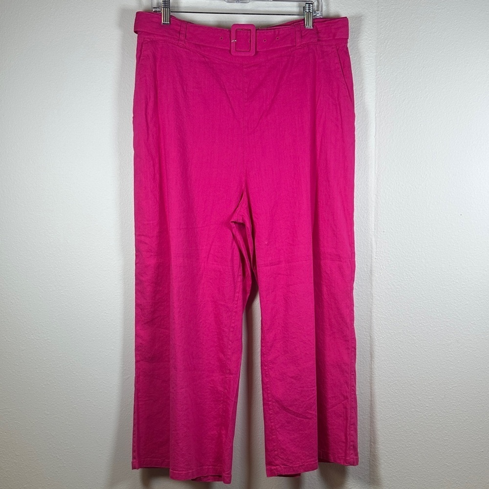 H by Halston Pink Linen Blend Wide Leg Ankle Pants Belt Elastic Waist Resort XL